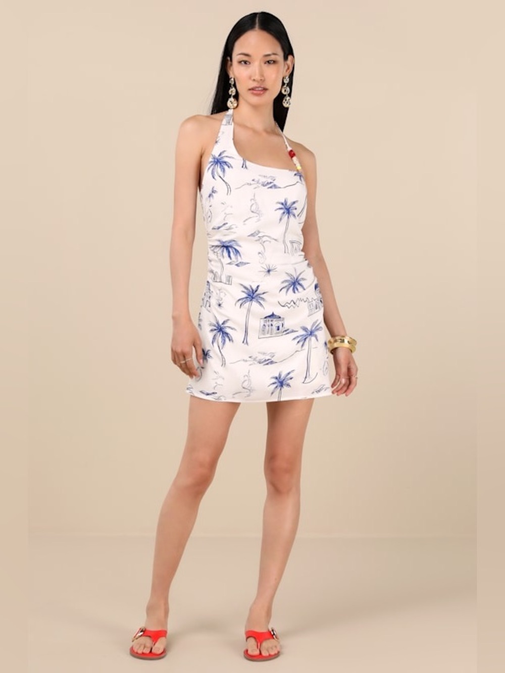 Inina Ivory & Blue Print Asymm Halter Printed Mini Dress Vacation Resort Beach